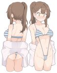  1girl absurdres armpit_crease ass back bikini blush braid breasts brown_eyes brown_hair closed_mouth collarbone cropped_legs embarrassed from_behind groin highres kotobuki_hisako large_breasts long_hair looking_ahead multiple_views navel nose_blush ponytail romaji_commentary s10021 seitokai_nimo_anawa_aru! simple_background single_sidelock slingshot_swimsuit standing striped_bikini striped_clothes sweat swimsuit v-shaped_eyebrows white_background 