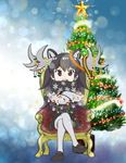  1girl animal_ears antlers armchair black_eyes black_scarf black_skirt bokeh christmas christmas_lights christmas_ornaments christmas_tree commentary crossed_arms grey_legwear kemono_friends legs_crossed long_sleeves moose_(kemono_friends) moose_ears moose_tail necklace open_mouth pantyhose pleated_skirt scarf sitting skirt smile snowflake_print solo star 