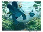  ^_^ air_bubble border bubble closed_eyes highres light_rays mudkip no_humans plant pokemon pokemon_(creature) pokemon_focus shadow swampert swimming tororo_oishi_ym twitter_username underwater white_border 
