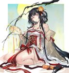  1girl absurdres bare_shoulders black_hair blue_eyes border branch breasts chinese_clothes cleavage earrings flower food hair_flower hair_ornament hand_fan hanfu heterochromia highres holding holding_fan jewelry large_breasts long_hair looking_at_viewer medium_breasts moon mooncake nail_polish necklace orange_eyes orange_nails parted_lips pelvic_curtain sitting sketch solo strapless suruga_(warship_girls_r) thighs underboob very_long_hair wariza warship_girls_r white_border xiangchizhubijin yellow_nails 