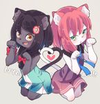  2girls black_hair brown_eyes cat fang female furry green_hair long_hair multiple_girls original paw_pose pink_hair smile yuuki_(yuyuki000) 