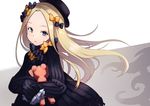  abigail_williams_(fate/grand_order) bangs black_bow black_dress black_hat blonde_hair blue_eyes blush bow bug butterfly commentary_request dress fate/grand_order fate_(series) forehead grey_background hair_bow hat highres insect kurehon_shouya long_hair long_sleeves looking_at_viewer object_hug orange_bow parted_bangs parted_lips polka_dot polka_dot_bow sleeves_past_fingers sleeves_past_wrists solo stuffed_animal stuffed_toy teddy_bear tentacles two-tone_background very_long_hair white_background 