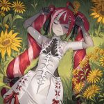  1girl ahoge armpits bare_shoulders blunt_bangs bone bow bow_skirt braid braided_bangs closed_eyes closed_mouth collared_dress colored_skin cross-laced_clothes cross-laced_skirt dress elbow_gloves field flat_chest flower flower_field gloves hair_bow hair_ribbon halterneck hands_up highres hololive hololive_indonesia kureiji_ollie kureiji_ollie_(rebirth) long_hair medium_dress multicolored_hair official_alternate_costume official_alternate_hairstyle on_grass on_ground pale_skin patchwork_skin pink_hair red_hair ribbon seventeencrows sidelocks skirt sleeping solo stitched_face stitched_torso stitches streaked_hair sunflower sunflower_field twintails two-tone_hair very_long_hair virtual_youtuber zombie 