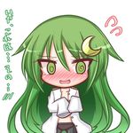  @_@ bangs black_legwear blush collarbone crescent crescent_hair_ornament eyebrows_visible_through_hair flying_sweatdrops green_eyes green_hair hair_between_eyes hair_ornament jacket kantai_collection komakoma_(magicaltale) long_hair long_sleeves looking_away looking_to_the_side military_jacket nagatsuki_(kantai_collection) nose_blush open_clothes open_jacket oversized_clothes panties panties_under_pantyhose pantyhose simple_background sleeves_past_fingers sleeves_past_wrists solo translated underwear very_long_hair white_background white_jacket 