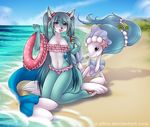  2017 anthro bangs beach bikini blue_eyes blue_fur blush breasts canine cleavage clothed clothing crossgender duo female fox fur fur_markings hair inner_tube jewelry kneeling long_hair lying mammal markings navel nintendo open_mouth pale_eyes pok&eacute;ball pok&eacute;mon pok&eacute;mon_(species) primarina roflfox seaside smile star swimsuit tattoo video_games water white_fur z-afiro 