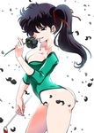  ass bare_shoulders black_eyes black_flower black_hair black_rose breasts cleavage flower green_leotard gymnastics_ribbon highleg highleg_leotard holding kunou_kodachi leotard long_hair nekomaru off_shoulder ranma_1/2 ribbon rose side_ponytail smile solo thong_leotard 