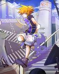  banane belt blue_eyes blue_sky building city crosswalk day full_body hands_in_pockets male_focus orange_hair outdoors railing sakuraba_neku shoes shorts sky solo stairs standing standing_on_one_leg subarashiki_kono_sekai 