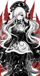  absurdres black_dress black_ribbon blood bloody_tears breasts commentary dress hair_over_one_eye headdress highres junko_(touhou) large_breasts limited_palette long_hair long_sleeves neck_ribbon red_eyes ribbon sheya sleeves_past_wrists smile solo spot_color tabard tassel touhou very_long_hair wide_sleeves 