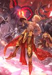  3girls abs ass blonde_hair boots bow cape commentary_request ea_(fate/stay_night) earrings ereshkigal_(fate/grand_order) fate/grand_order fate_(series) faulds flying gilgamesh gloves greaves grin hair_bow hand_on_hip heavenly_boat_maanna highres holding holding_sword holding_weapon horns ishtar_(fate/grand_order) jaguarman_(fate/grand_order) jewelry king_hassan_(fate/grand_order) lack long_hair merlin_(fate) multiple_boys multiple_girls muscle naginata necklace pelvic_curtain polearm ponytail red_bow red_cape red_eyes shirtless silver_hair single_glove smile staff standing sword tiamat_(fate/grand_order) two_side_up weapon 