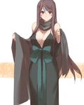  aa_megami-sama bare_shoulders black_hair breasts brown_eyes cleavage commentary_request dress facial_mark forehead_mark large_breasts long_hair scarf skuld smile very_long_hair yostxxx 