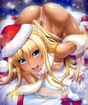  1girl all_fours aoi_nagisa_(metalder) ass bare_legs bare_shoulders blonde_hair blue_eyes blush boots breasts christmas dark_skin female futaba_lili_ramses hat huge_ass legs leotard lilith-soft long_hair looking_at_viewer magical_girl nipples open_mouth santa_hat shiny shiny_skin small_breasts solo spread_legs taimanin_(series) taimanin_asagi_battle_arena tentacle_and_witches thong_leotard twintails 