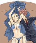  1girl armlet arms_up bare_shoulders bikini blonde_hair bracelet breasts cleavage commentary_request fairy_tail formal hand_on_another's_head jewelry large_breasts looking_at_another lucy_heartfilia mashima_hiro natsu_dragneel navel necklace necktie pink_hair smile spiked_hair stomach suit swimsuit 
