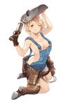 ;q absurdres arm_up ass bare_shoulders belt belt_pouch blonde_hair blush boots breasts brown_eyes brown_footwear brown_gloves cait chain collarbone djeeta_(granblue_fantasy) full_body gloves granblue_fantasy gun highres holding holding_gun holding_weapon knee_boots kneeling mechanic_(granblue_fantasy) medium_breasts naked_overalls one_eye_closed overalls paid_reward patreon_reward pouch short_hair simple_background solo tareme thighs tongue tongue_out twisted_torso v-shaped_eyebrows weapon welding_mask white_background 