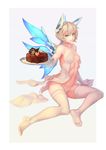  bare_shoulders bigrbear blonde_hair breasts cake cherry chocolate_cake commentary covered_nipples dress elbow_gloves food fruit full_body gloves green_eyes grey_background headgear highres holding holding_tray invisible_chair long_hair looking_at_viewer mechanical_wings navel no_bra no_shoes original panties parted_lips ponytail revealing_clothes simple_background sitting small_breasts smile soles solo thighhighs toes tray underwear white_dress white_gloves white_legwear white_panties wings 