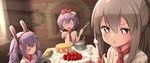  3girls :o ahoge alternate_costume ame. animal_ears ayanami_(azur_lane) azur_lane bangs blush bow brick_wall brown_eyes brown_hair bunny_ears cake chef_hat chef_uniform christmas christmas_wreath closed_eyes commentary_request cream dutch_angle eyebrows_visible_through_hair food fruit green_bow hair_between_eyes hair_bow hair_ornament hair_ribbon hairband hat high_ponytail holding holding_knife index_finger_raised javelin_(azur_lane) knife laffey_(azur_lane) long_hair mini_hat multiple_girls o_o open_mouth outstretched_arm parted_lips ponytail red_hairband red_neckwear red_ribbon ribbon shirt sidelocks sponge_cake strawberry strawberry_shortcake stuffed_animal stuffed_bunny stuffed_toy v-shaped_eyebrows white_hat white_shirt 