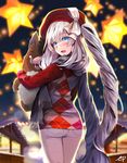  argyle argyle_sweater artist_name ass blue_eyes blurry blush checkered checkered_shirt christmas depth_of_field ep_(emio_parn) fate/grand_order fate_(series) hat highres long_hair marie_antoinette_(fate/grand_order) open_mouth shirt signature silver_hair smile solo star stuffed_animal stuffed_toy sweater twintails very_long_hair 