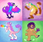 2017 3_toes 5_fingers addie_blaine amputee anthro artist_name beak bear belly_nipples bent_arm blue_background blue_body blue_facial_hair blue_feathers blue_goatee blue_hair blue_tongue breath_powers brown_body brown_fur brown_tail chot_(chotpot) chotpot coati colored colored_fire dated digital_drawing_(artwork) digital_media_(artwork) disability doob_(corpsemom) dust_cloud elemental_manipulation english_description equid equine facial_hair feather_hair feathered_wings feathers feet female fingers fire fire_breathing fire_manipulation fist fluffy fluffy_tail folded_wings forked_tongue fur furrowed_brow goatee green_background green_eyes green_nipples green_nose green_pawpads green_spines green_tongue group hair heart_(marking) hooves horn hybrid joey_(fluffpon) kaiju long_tail male male_anthro mammal markings missing_arm multicolored_fire multicolored_wings multiple_images mythological_creature mythological_equine mythology nipples nude nude_anthro nude_female nude_male on_one_leg open_mouth open_smile pawpads pink_background pink_body pink_fur pink_sclera pink_tail ponytail procyonid pseudo_hair purple_background purple_beak purple_body purple_feathers purple_hair purple_hooves purple_nose purple_pawpads purple_scales purple_tail purple_tail_tuft rainbow_fire scales sharp_teeth short_hair side_view simple_background smile spines standing striped_markings striped_tail stripes tail tail_markings tail_spines tail_tuft talons teeth toes tongue tongue_out tuft two_tone_tail unguligrade unicorn white_body white_fur white_horn wings