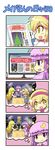  4koma alice_margatroid bangs blonde_hair blunt_bangs bow bowtie chibi christmas_tree closed_eyes colonel_aki comic commentary crescent crescent_hair_ornament cup dress drinking_glass elbow_gloves gloves hair_ornament hairband hat heart imagining kirisame_marisa long_hair long_sleeves magazine mob_cap monitor multiple_girls night night_sky open_mouth overalls patchouli_knowledge purple_eyes purple_hair sidelocks sitting sky sleeveless smile star star_(sky) table thought_bubble touhou translated trembling waiter window wine_glass yellow_eyes 