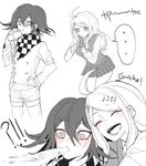  1boy 1girl akamatsu_kaede bangs blush buttons checkered_scarf danganronpa duo eyebrows eyes_closed hair_ornament hairclip long_hair miniskirt musical_note musical_note_hair_ornament nanamichiii necktie new_danganronpa_v3 open_mouth ouma_kokichi pants scarf school_uniform shirt short_hair side_bangs skirt straitjacket sweater sweater_vest tie uniform 