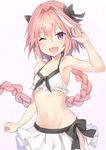  ;d absurdres arm_up armpits astolfo_(fate) bangs bare_arms bare_shoulders bikini_skirt black_ribbon blush braid collarbone cowboy_shot eyebrows_visible_through_hair fang fate/apocrypha fate_(series) floating_hair gradient gradient_background groin hair_between_eyes hair_intakes hair_ribbon halter_top halterneck highres kusumoto_touka long_hair looking_at_viewer male_focus multicolored_hair navel one_eye_closed open_mouth otoko_no_ko pink_background pink_hair pleated_skirt purple_eyes ribbon shiny shiny_hair single_braid skirt smile solo stomach streaked_hair very_long_hair white_background white_bikini_top white_skirt 