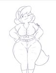  2017 absurd_res anthro belt breasts cat cleavage clothed clothing digital_media_(artwork) dot_eyes feline female fur hair hands_on_hips hi_res jeans looking_at_viewer mammal mature_female midriff minoss monochrome mother mrs._katswell navel nickelodeon one_eye_closed pants parent short_hair simple_background smile solo standing t.u.f.f._puppy thick_thighs thigh_gap tied_shirt tight_clothing white_background wide_hips wink 