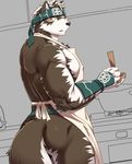  anthro apron butt canine clothing fur headband horkeukamui kemono looking_at_viewer male mammal muscular muscular_male naked_apron open_mouth simple_background solo tokyo_afterschool_summoners unknown_artist white_fur wolf 