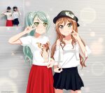  :3 aqua_hair bang_dream! black_hat black_skirt blush brown_eyes brown_hair commentary english_commentary fries_vanquisher gizmo_(gremlins) green_eyes gremlins_(film) hand_up hat highres hikawa_sayo imai_lisa kudou_haruka_(voice_actor) long_hair nakashima_yuki off-shoulder_shirt off_shoulder photo-referenced ponytail red_skirt reddit_username reference_inset shirt skirt sleeves_past_elbows smile sparkle v voice_actor_connection white_shirt 
