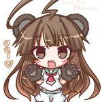  :d ahoge animal_ears bangs bear_ears bear_girl bear_paws blush brown_eyes brown_hair dated eyebrows_visible_through_hair fang gloves hands_up kantai_collection komakoma_(magicaltale) kuma_(kantai_collection) long_hair looking_at_viewer neckerchief open_mouth paw_gloves paws puffy_shorts red_neckwear school_uniform serafuku shirt short_sleeves shorts smile solo translated twitter_username very_long_hair white_shirt white_shorts 