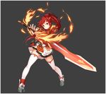  armor armored_boots boots claymore_(sword) elesis_(elsword) elsword fire free_knight_(elsword) grey_background long_hair non-web_source official_art ponytail puffy_sleeves red_eyes red_hair red_skirt sando_(artist) skirt smile smug sword thighhighs weapon 