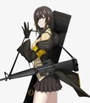  assault_rifle black_hair braid brown_eyes brown_hair cero_(last2stage) commentary_request eyepatch from_side girls_frontline gloves gun headphones holding holding_strap jacket long_hair looking_at_viewer m16a1 m16a1_(girls_frontline) mole mole_under_eye multicolored_hair necktie pleated_skirt rifle shoulder_strap skirt smile solo streaked_hair thighs weapon weapon_bag 