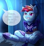  2017 angry armor bat_pony bat_wings blue_fur bound clenched_teeth dialogue english_text equine featureless_crotch female feral friendship_is_magic fur hair hi_res horse mammal membranous_wings multicolored_hair my_little_pony offscreen_character pony purple_eyes rainbow_dash_(mlp) rainbow_hair restrained rope sharp_teeth sitting solo speech_bubble spread_legs spreading sweat sweatdrop teeth text vavacung wings 