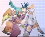  2girls ahegao armor blue_hair blush breasts broken_armor clothed_sex cum cum_in_mouth cum_in_pussy cum_on_body cum_swap dianamon digimon facial gangbang handjob helmet high_heels large_breasts monster monster_girl multiple_girls multiple_penises nipples pussy sex shutumon tagme vaginal wings 