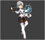  another_code_(elsword) black_capelet boots capelet elsword eve_(elsword) facial_mark forehead_jewel gloves grey_background grey_hair moby_(elsword) non-web_source official_art pointing remy_(elsword) ress robot short_hair white_footwear white_gloves yellow_eyes 