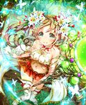  aqua_eyes bare_arms bare_shoulders blonde_hair blush breasts bug butterfly cleavage day flower food from_above fruit grass hair_flower hair_ornament holding holding_staff in_tree insect jewelry keepout knees_together_feet_apart lily_(flower) long_hair looking_at_viewer looking_up magic medium_breasts midriff navel necklace official_art outdoors pleated_skirt red_skirt shingoku_no_valhalla_gate sitting sitting_in_tree skirt sleeveless smile solo sparkle staff strapless strawberry thighhighs tree tree_branch tubetop watermark white_legwear wind zettai_ryouiki 