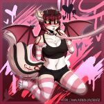 abstract_background anthro arm_warmers armwear blush blush_lines bottomwear bra breasts clothed clothing collar domestic_cat eyebrows eyeliner felid feline felis female footwear fur hair hi_res highlights_(coloring) horn invalid_color leash leash_pull leashed_collar legwear long_hair looking_down makeup mammal markings mascara membrane_(anatomy) membranous_wings open_mouth pattern_clothing pattern_legwear raised_wings shaded shorts silvetz socks solo solo_focus sports_bra sportswear spread_wings striped_body striped_clothing striped_fur striped_legwear striped_markings striped_tail stripes succubus tail tail_markings thigh_highs thigh_socks underwear watermark wings