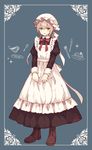  apron blush boots bow cake crossdressing cup food fork full_body green_eyes hatoichi_reno heterochromia highres knife long_sleeves looking_at_viewer maid maid_apron maid_cap maid_headdress original otoko_no_ko plate red_bow red_eyes spoon standing teacup 