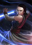  brown_eyes brown_hair detached_sleeves energy_sword fighting_stance highres holding holding_weapon jedi lightsaber lips looking_at_viewer nose okita realistic rey_(star_wars) sash science_fiction serious solo star_wars star_wars:_the_last_jedi sword weapon 