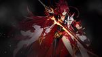  artist_request asymmetrical_clothes belt black_background black_neckwear braid choker closed_mouth elesis_(elsword) elsword feet_out_of_frame flame_lord_(elsword) gloves hair_over_one_eye highres holding holding_sword holding_weapon long_hair looking_to_the_side official_art red_eyes red_hair single_pantsleg skin_tight smile solo sword tattoo weapon white_coat 