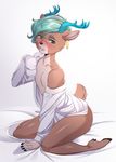  anthro antlers bed blush brown_fur cervine clothed clothing deer dress_shirt ear_tag figmandor fur girly green_eyes hair hooves horn iwbitu kneeling looking_at_viewer male mammal off_shoulder on_bed open_shirt partially_clothed shirt smile solo 
