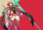  blonde_hair breasts cleavage commentary_request covered_navel hikari_(xenoblade_2) homura_(xenoblade_2) large_breasts long_hair looking_at_viewer multiple_girls nuezou red_hair short_hair short_shorts shorts skirt thighhighs tiara very_long_hair xenoblade_(series) xenoblade_2 