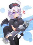  1girl breasts erect_nipples hat heart large_breasts looking_at_viewer mon-musu_quest! naccubus_(mon-musu_quest!) nurse nurse_hat pointy_ears purple_eyes short_hair succubus syringe tail text 