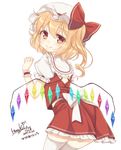  artist_name ass blonde_hair bow commentary_request dated flandre_scarlet frills from_behind haruki_(colorful_macaron) hat hat_bow highres looking_at_viewer looking_back midriff_peek mob_cap petticoat puffy_short_sleeves puffy_sleeves red_bow red_eyes red_shirt red_skirt shirt short_sleeves side_ponytail signature simple_background skirt smile thighhighs touhou translation_request white_background white_bow white_legwear wings wrist_cuffs zettai_ryouiki 