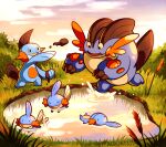  :d aquanut cloud commentary_request day evolutionary_line marshtomp mud mudkip no_humans open_mouth outdoors pokemon pokemon_(creature) pond ripples sky smile swampert throwing water 