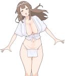 1girl :d absurdres blush breasts brown_eyes brown_hair cleavage collarbone fang fundoshi groin hachimaki half-closed_eyes headband highleg highres japanese_clothes kotobuki_mayuki large_breasts long_hair looking_at_viewer mizu_happi navel nejiri_hachimaki open_mouth romaji_commentary s10021 seitokai_nimo_anawa_aru! short_sleeves simple_background smile solo standing sweat white_background white_happi 