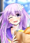  ;d bag bread carrying_bag choker collarbone d-pad d-pad_hair_ornament day eyebrows_visible_through_hair food groceries grocery_bag hair_ornament hairclip long_hair looking_at_viewer nepgear neptune_(series) one_eye_closed open_mouth pudding purple_eyes purple_hair shopping_bag smile solo upper_body warabi_mochi_(ehimedaisuki) 