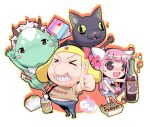  1girl @_@ alcohol animal_ears beer_can blush_stickers bottle can cat_ears cat_mask cosplay costume drink_can drunk fang food grape_juice guitar holding holding_guitar holding_instrument instrument juice keroro keroro_(cosplay) keroro_gunsou looking_at_viewer mask original pink_eyes pink_hair takoyaki thumbs_up toromi-chan toromi_(toromix2) wine wine_bottle 