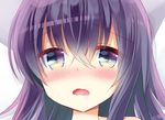  akatsuki_(kantai_collection) bangs bed_sheet blush drooling eyebrows_visible_through_hair hair_between_eyes highres kantai_collection kuriyuzu_kuryuu long_hair looking_at_viewer lying on_back open_mouth purple_eyes purple_hair saliva solo sweat 