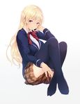  absurdres blazer blonde_hair bow bowtie breasts cait full_body gradient highres jacket large_breasts long_hair looking_at_viewer nakiri_erina navy_blue_legwear no_shoes paid_reward parted_lips patreon_reward plaid plaid_skirt purple_eyes school_uniform shokugeki_no_souma skirt solo thighhighs toes tootsuki_saryou_ryouri_gakuen_uniform 