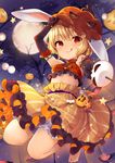  :q animal_ears arm_up bangs barefoot black_gloves blonde_hair bloomers breasts bunny_ears closed_mouth crop_top elbow_gloves full_body full_moon gloves highres jack-o'-lantern kedama_milk licking_lips looking_at_viewer microphone moon night night_sky orange_eyes outdoors pumpkin_hat ringo_(touhou) skirt sky small_breasts smile solo star striped striped_skirt tongue tongue_out touhou tree underwear yellow_skirt 