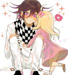  1boy 1girl akamatsu_kaede bangs blonde_hair blush buttons checkered_scarf child danganronpa dress duo eyebrows heart kiss long_hair matching_hair/eyes musical_note nanamichiii new_danganronpa_v3 ouma_kokichi pants purple_eyes purple_hair scarf shirt shoes short_hair side_bangs socks straitjacket white_shirt 